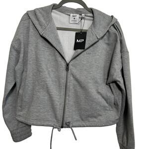 New MP Myprotein Cropped Zip Hoodie Gray Marl Drawstring Athleisure S Stretch